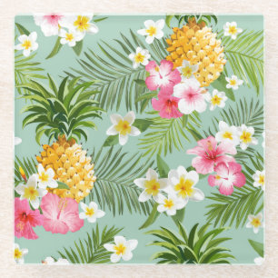 Tropische Blumen u. Ananas Glasuntersetzer