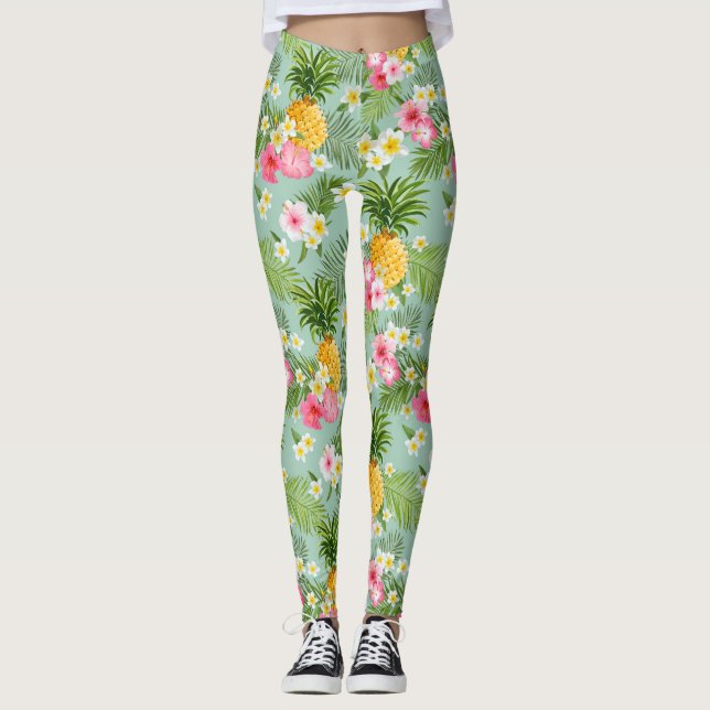 Tropische Blumen u. Ananas Leggings (Vorderseite)