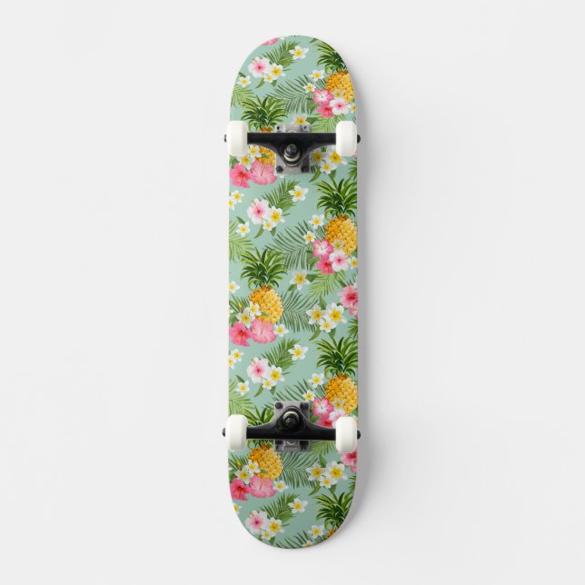 Tropische Blumen u. Ananas Skateboard (Vorderseite)
