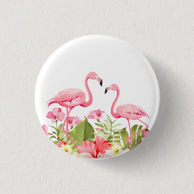 Tropische Blumen und Flamingos Design Button (Vorderseite)