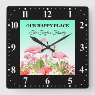 Tropische Blumen und Flamingos Design Quadratische Wanduhr