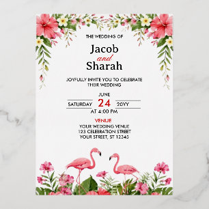 Tropische Blumen und Flamingos Hochzeitsvorlage Folie Einladungspostkarte