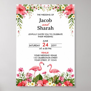 Tropische Blumen und Flamingos Hochzeitsvorlage Poster