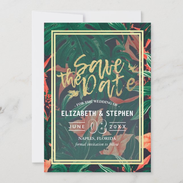 Tropische Blumen- und Goldrahmen-Hochzeit retten d Save The Date (Vorderseite)