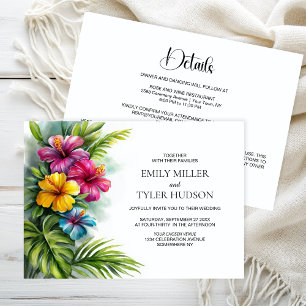 Tropische Blumen und Grün für die Hochzeit in eine Einladung