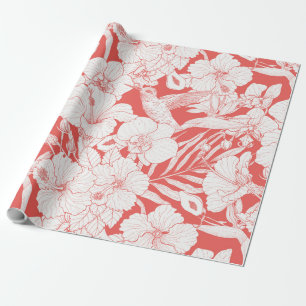 Tropische Blumen und Kolibri in Korallenrot und We Geschenkpapier