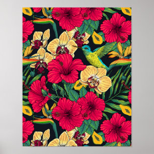 Tropische Blumen und Kolibri - Sommer Botanica Poster