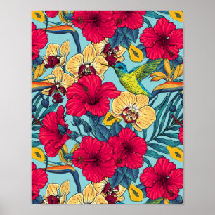 Tropische Blumen und Kolibri - Sommer Botanica Poster