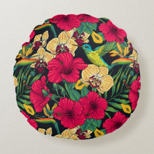 Tropische Blumen und Kolibri - Sommer Botanica Rundes Kissen