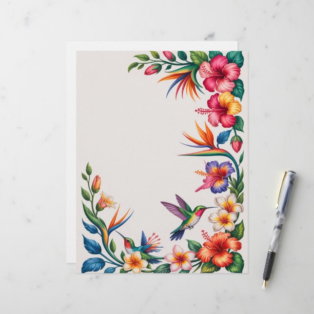 Tropische Blumen und Kolibris Briefbogen (Vorderseite/Rückseite Beispiel)