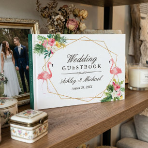 Tropische Blumenblätter Flamingos Hochzeit Gästebuch