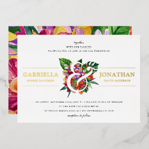 Tropische Blumenbouquet & moderne typografische Ho Folieneinladung