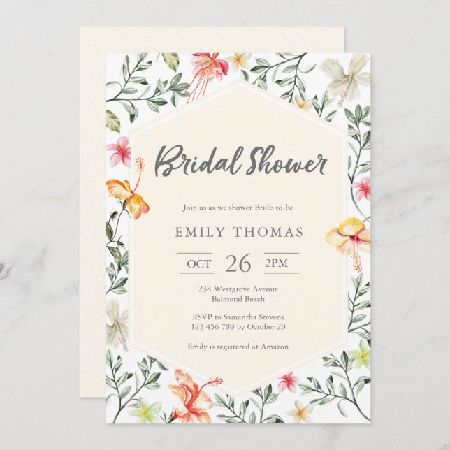 Tropische Blumendusche Einladung (Vorne/Hinten)