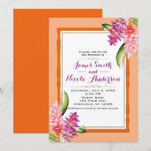 Tropische Blumenkoralle Orange & Gold Chic Hochzei Einladung