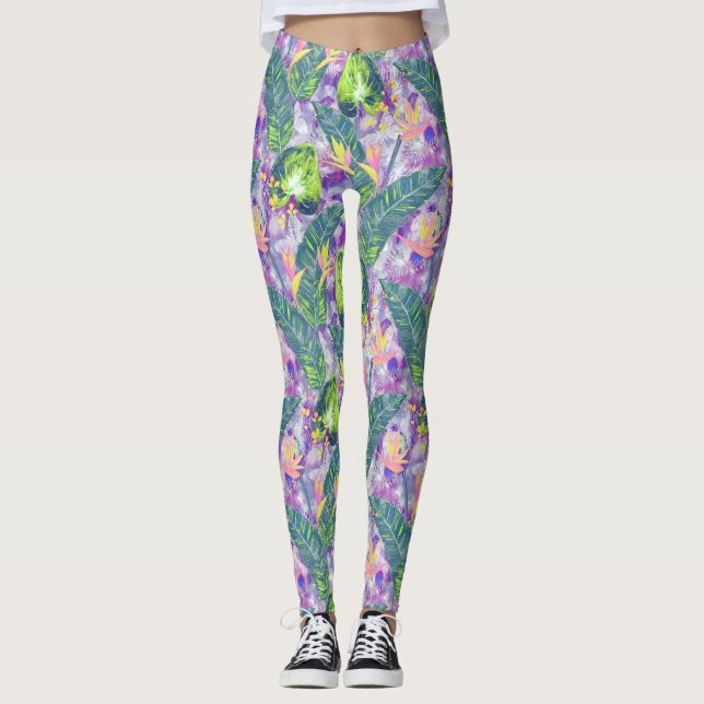 Tropische Blüte, botanisch, lila, grün, rosa, fl Leggings (Vorderseite)