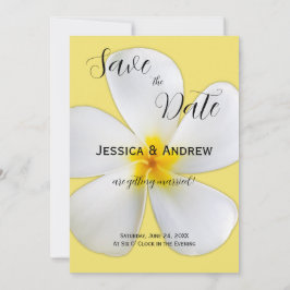 Tropische Blüte, weiße Plumeria auf Gelb, Hochzeit Save The Date