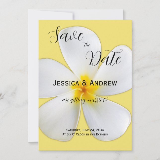 Tropische Blüte, weiße Plumeria auf Gelb, Hochzeit Save The Date (Vorderseite)