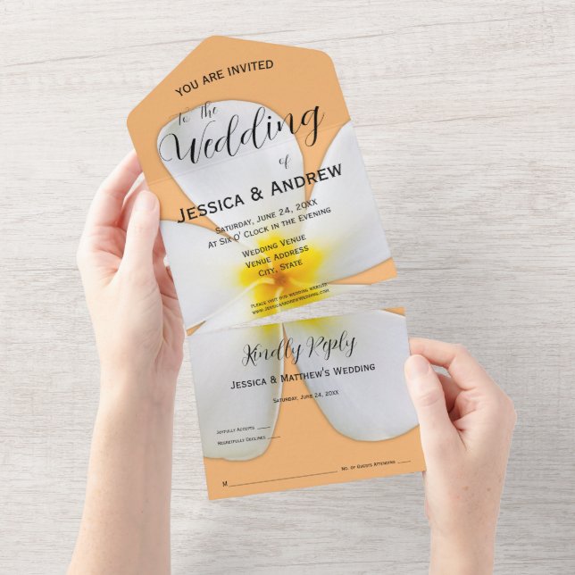 Tropische Blüte, weiße Plumeria Orange, Hochzeit All In One Einladung (Abreißen)