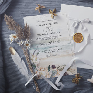 tropische Blüten Protea Strand QR-Code Hochzeit Einladung
