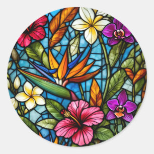 Tropische Blütenpracht in Buntglas Lebendige Flora Runder Aufkleber