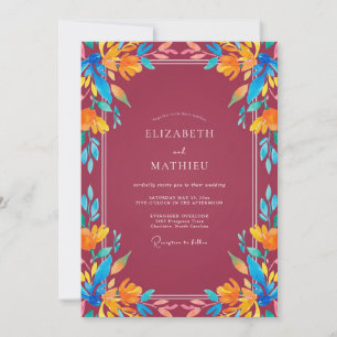 Tropische Bordeaux-Orange Gemalte Hochzeit Einladung