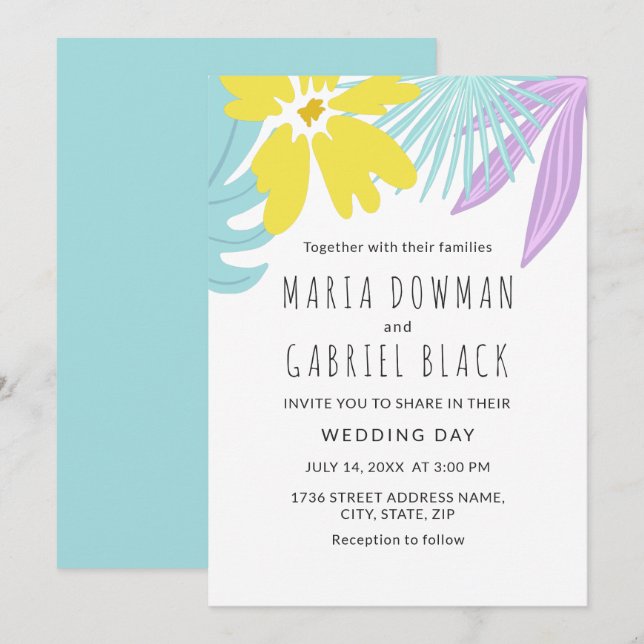 Tropische botanische Blätter Hochzeitsfeier Einlad Einladung (Vorne/Hinten)