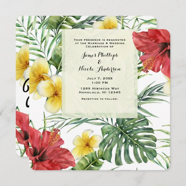 Tropische botanische Blätter und Blume Floral Aloh Einladung (Vorne/Hinten)