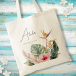 Tropische botanische Hochzeit in Urlaubsort Tragetasche<br><div class="desc">Diese elegante Hochzeit in Urlaubsort-Tasche verfügt über wunderschöne Aquarellbotanicals mit Palmen Blätter, Hibiskus und Vogel des Paradieses. Die Typografie ist klassisch und dennoch modern. Das Skript auf der Vorderseite sagt "Aloha", aber das kann leicht angepasst werden. Dies ist das perfekte Design für einen tropischen Strand oder eine Hochzeit in Urlaubsort....</div>