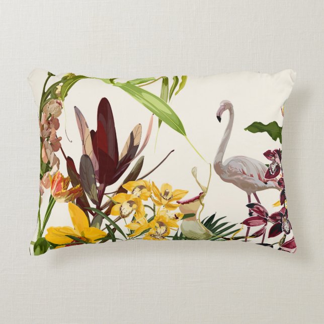 Tropische botanische Landschaft mit Flamingo. Dekokissen (Vorderseite)