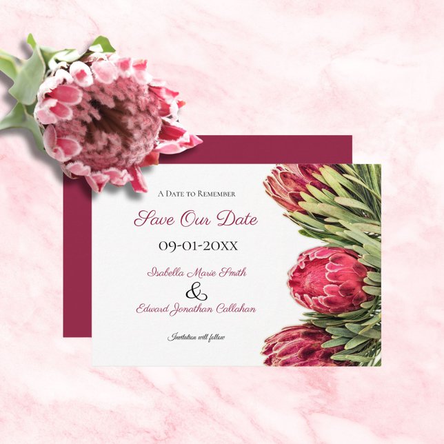 Tropische Botanische Rosa-Protea-Hochzeit Save The Date (Von Creator hochgeladen)