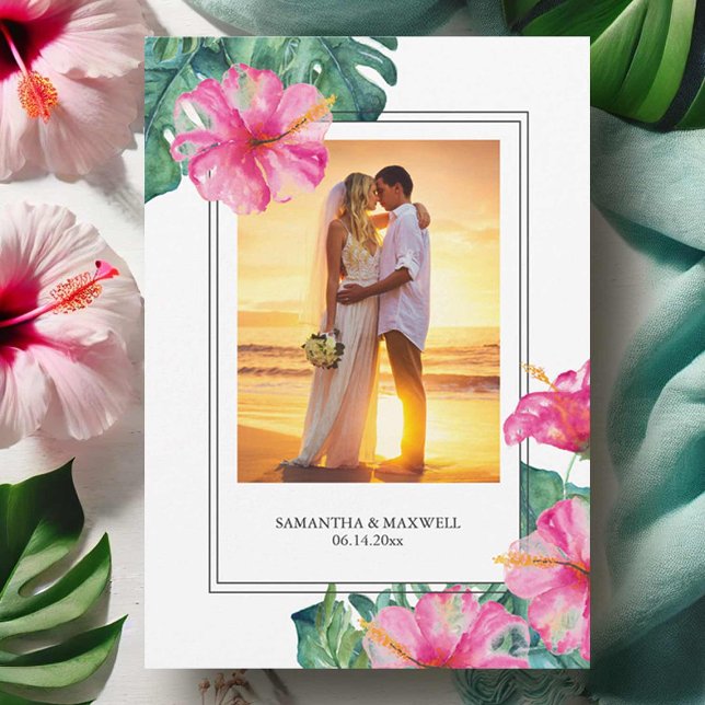 Tropische Braut und Hochzeit Dankeskarte (Tropical wedding thank you card watercolor hibiscus flowers and palm leaves by Victoria Grigaliunas)