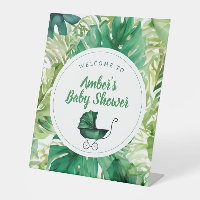 Tropische Carriage & Jungle Baby Dusche Willkommen Sockelschild (Vorderseite)