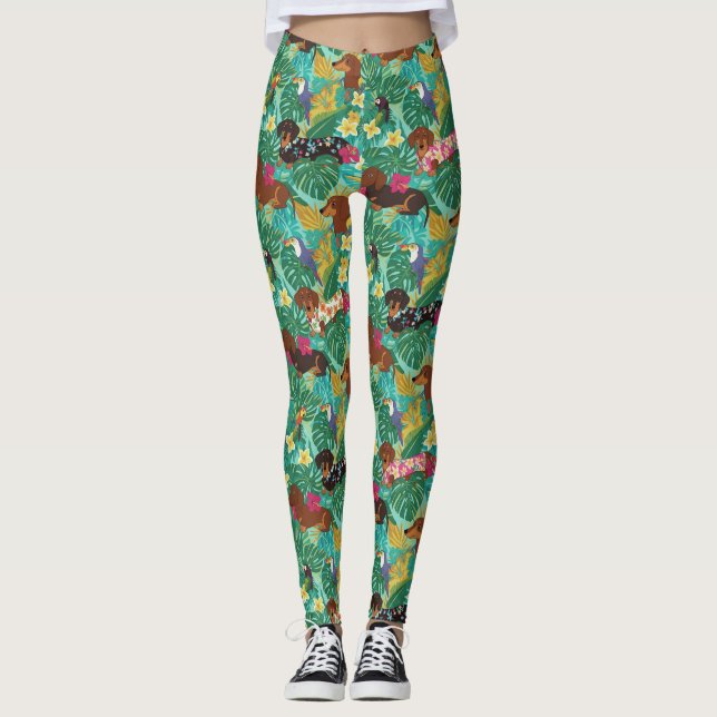 Tropische Dachshund-Strandvibes Leggings (Vorderseite)