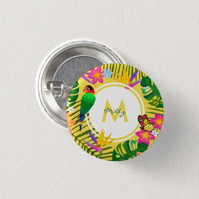 Tropische Dschungel-Blume Gelbe Monogramm Button (Vorne & Hinten)