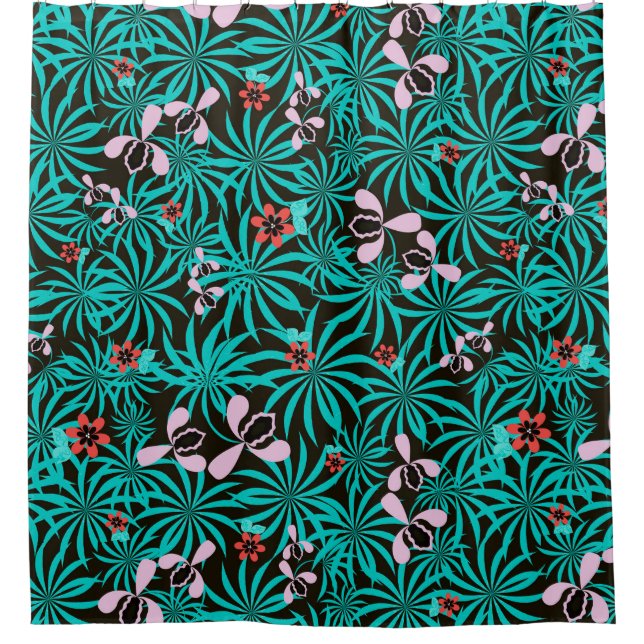 Tropische Dschungelpalmen Blätter Orchideen Blume  Duschvorhang (Vorderseite)