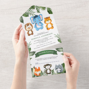 Tropische Dschungelsafari Süße Tiere Baby Shower All In One Einladung