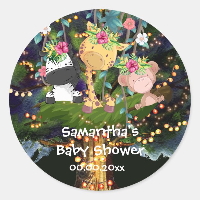 Tropische Dschungelsafari-Tiere in Baumlichter Runder Aufkleber (Vorderseite)