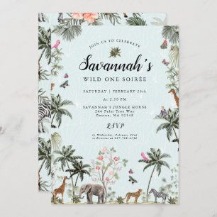 Tropische Dschungeltiere   Girl Wild One Geburtsta Einladung