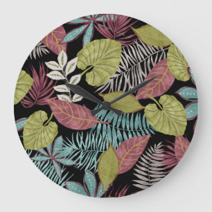 Tropische dunkle Blätter: Textilmuster-Design Große Wanduhr