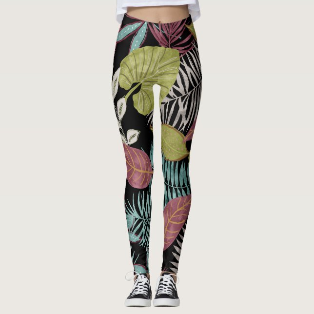 Tropische dunkle Blätter: Textilmuster-Design Leggings (Vorderseite)