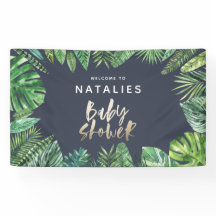 Tropische Dusche aus Palmblättern und Goldschrift