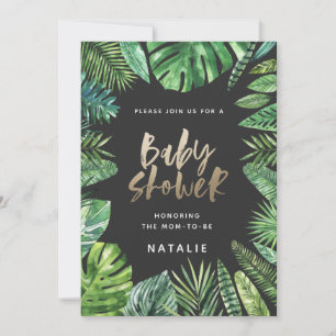 Tropische Duschkarte aus Palmblättern und Goldschr Save The Date