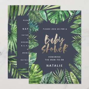 Tropische Duschkarte aus Palmblättern und Goldschr Save The Date