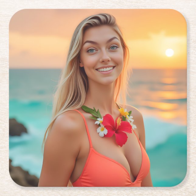 Tropische Eleganz: Helenas Bikini-Fotoshooting Rechteckiger Pappuntersetzer (Vorderseite)