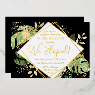 Tropische Elopement Hochzeitsempfang Black & Gold Folieneinladung