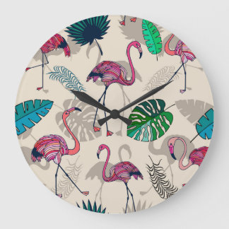 Tropische Fantasie: Flamingo Leaf Muster Große Wanduhr