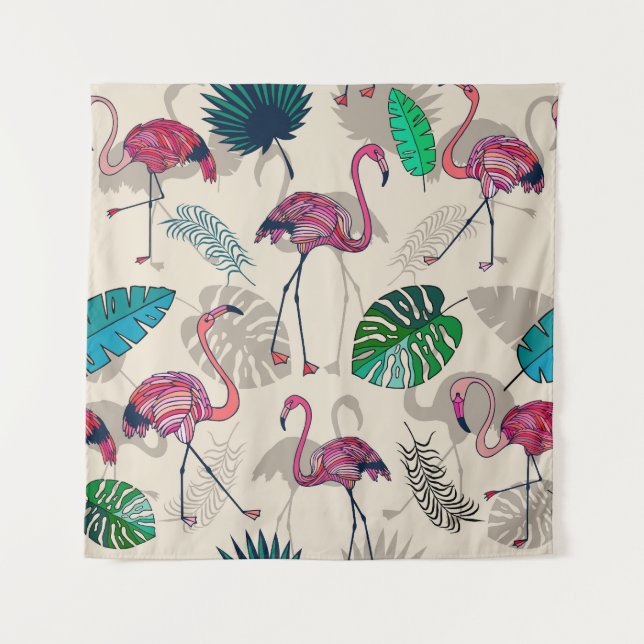 Tropische Fantasie: Flamingo Leaf Muster Wandteppich (Vorderseite)