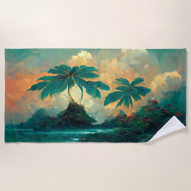 Tropische Fantasy Sea & Palm Trees Strandtuch (Vorderseite)