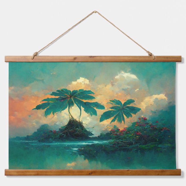 Tropische Fantasy Sea & Palm Trees Wandteppich Mit Holzrahmen (Vorne)