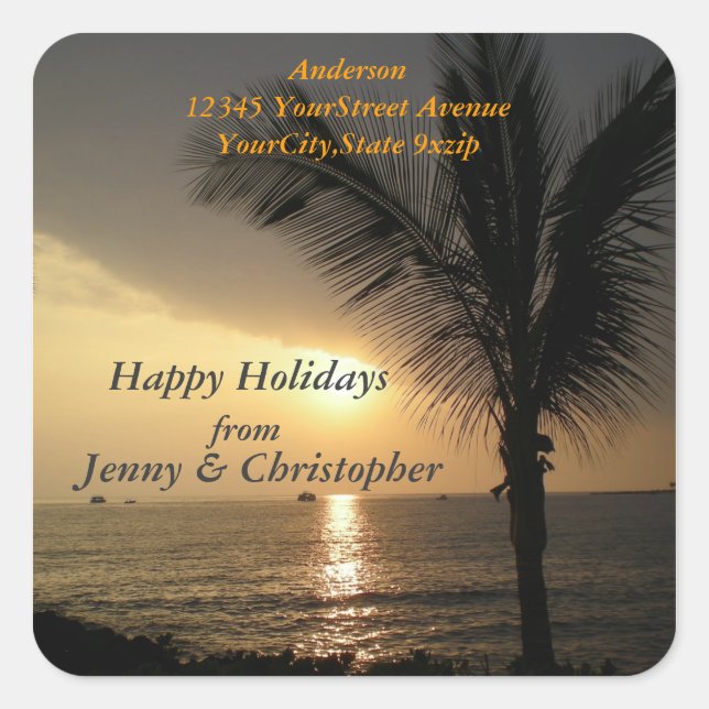 Tropische Ferien und Sonnenuntergänge Rücksendeadr Quadratischer Aufkleber (Vorderseite)